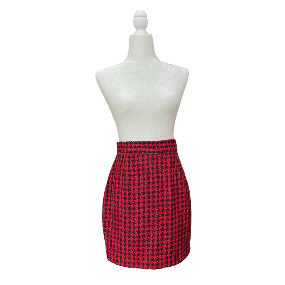 Vintage Expressions Red & Navy Houndstooth 100% Wool Tweed Skirt, Modern…